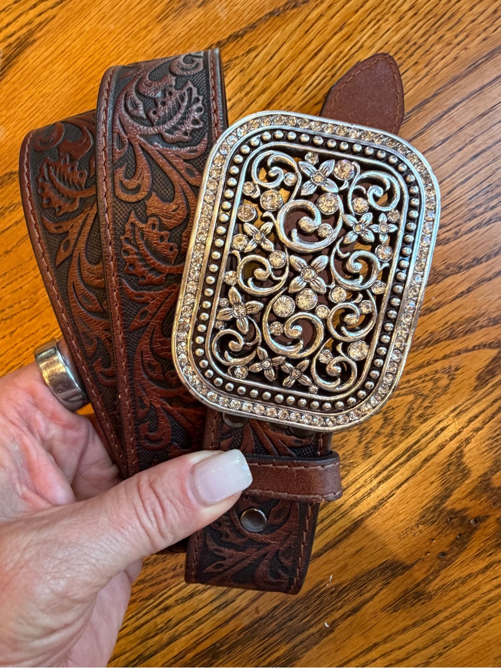 Ariat Full Grain Leather Tooled Western Rhinestone Belt